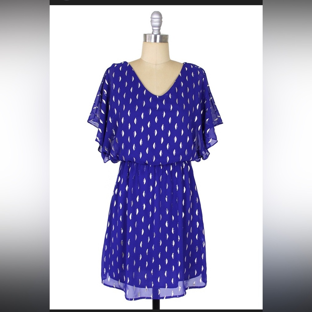 Buttons Royal Blue Leaf Pattern Mini Dress